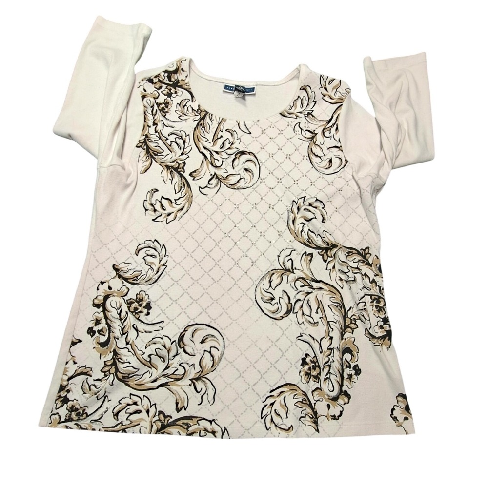 Karen Scott Woman Cream Scroll Floral Rhinestone 3/4 Sleeve Top 1X